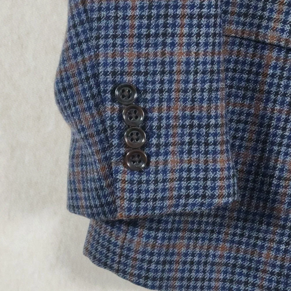 Merino Wool Plaid Blazer Mens 44S Dark Academia Classic Fit Navy Sport Coat
